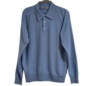Alan Paine Polo Sweater Mens Large Blue Cashmere Long Sleeve Knit England 44 UK